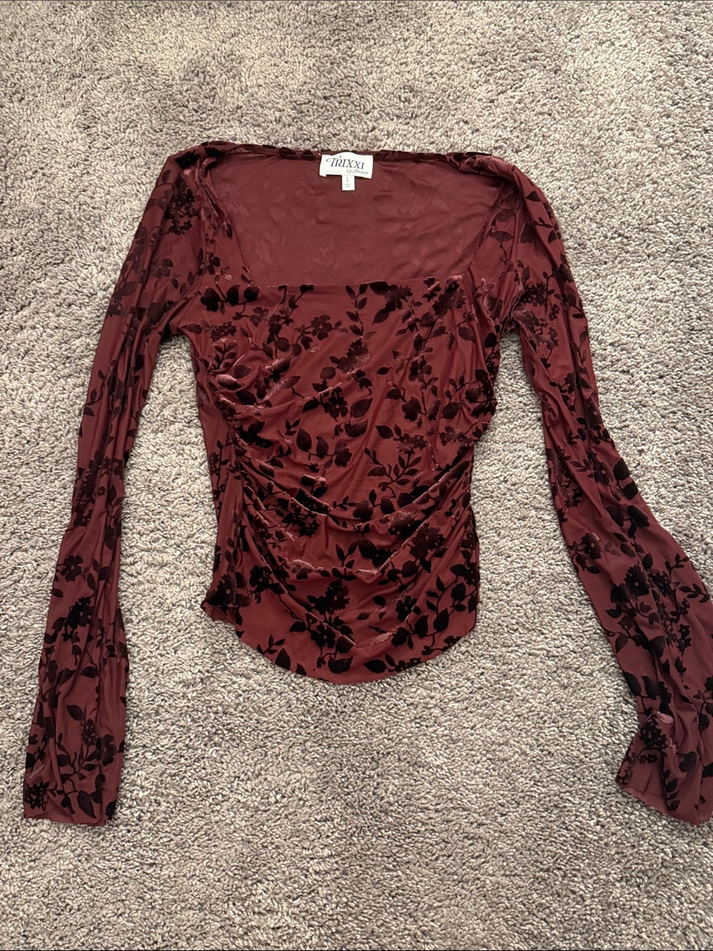 Trixxi Deep Burgundy Floral Velvet Burnout Long Sleeve Top